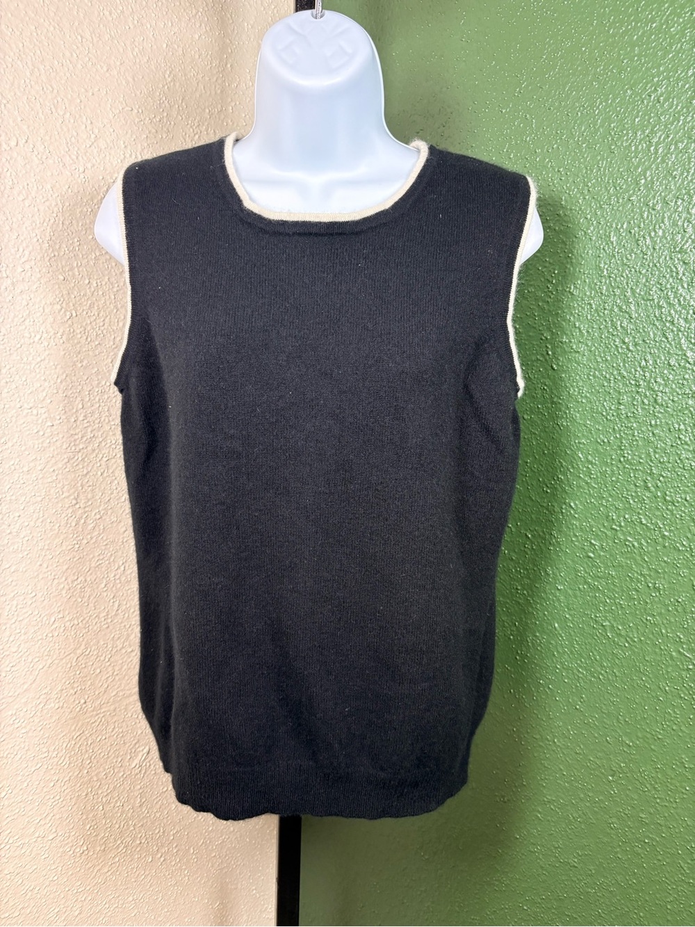 100% Cashmere Black Sweater Tank with Cream Trim